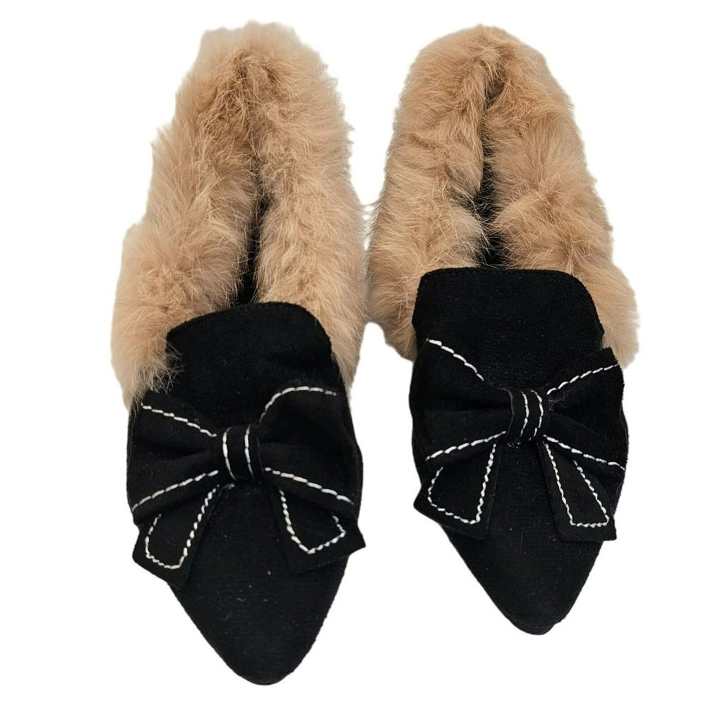 Black Fur Shoes 6.5 Mules Heels Bow Pointed Toe Warm Cozy Shearling Lined Twee